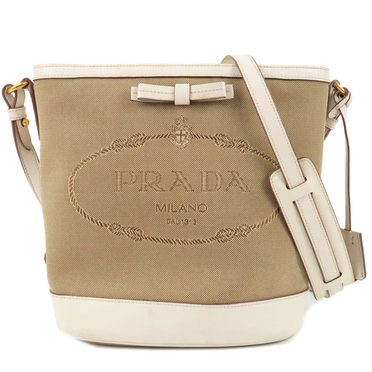 PRADA Logo Jacquard Leather Shoulder Bag Beige Ivory 1BE021