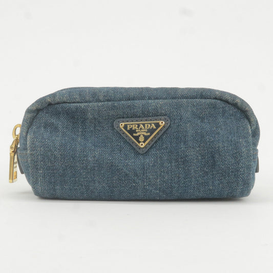 PRADA Logo Denim Cosmetic Pouch Clutch Bag Navy Gold Metal