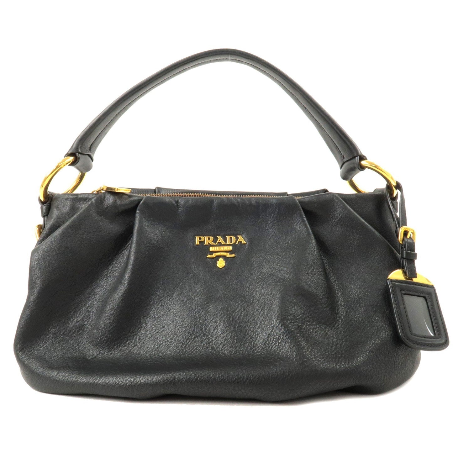 PRADA Logo Leather Shoulder Bag Black Gold Hardware