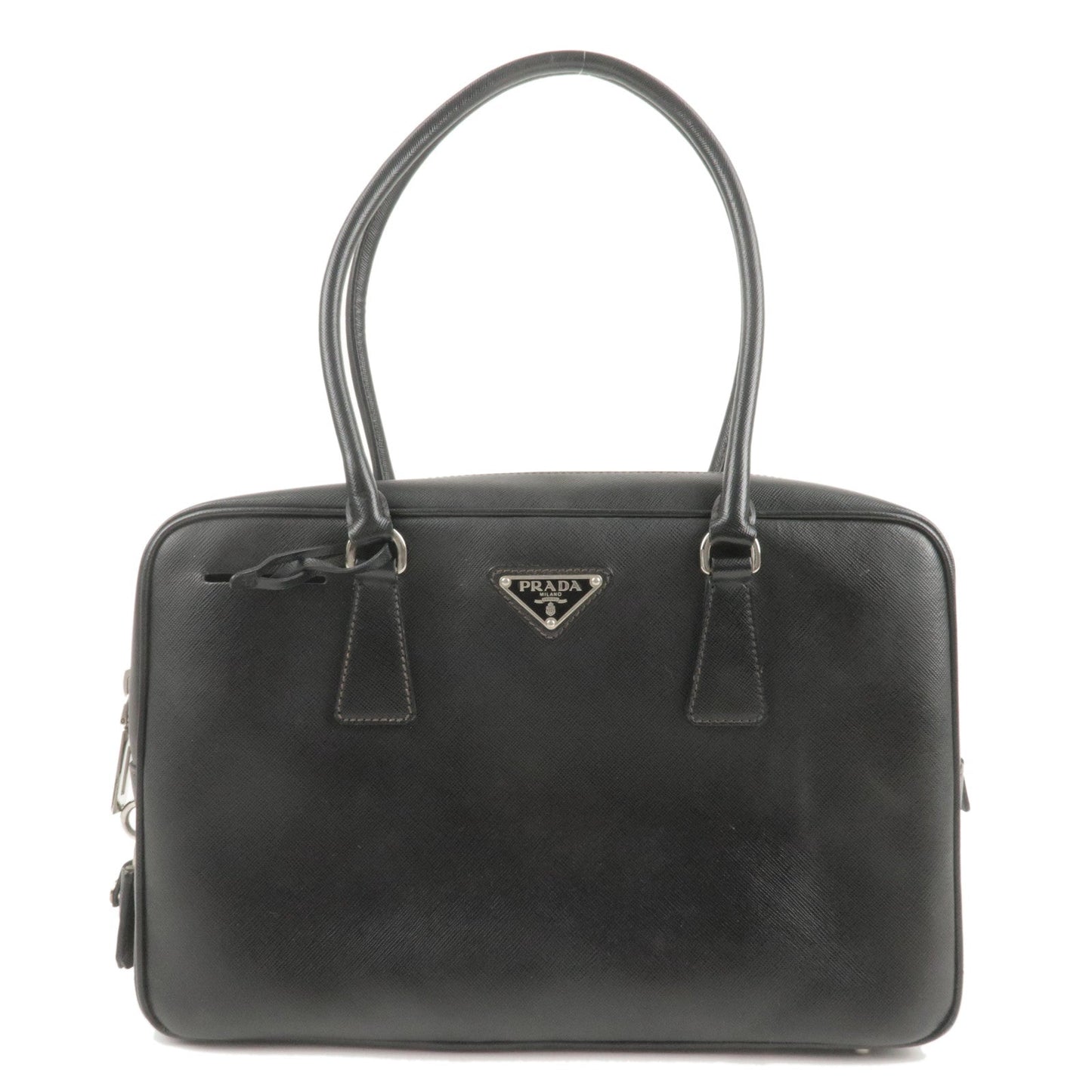 PRADA Logo Saffiano Lux Leather Hand Bag Black BL0095