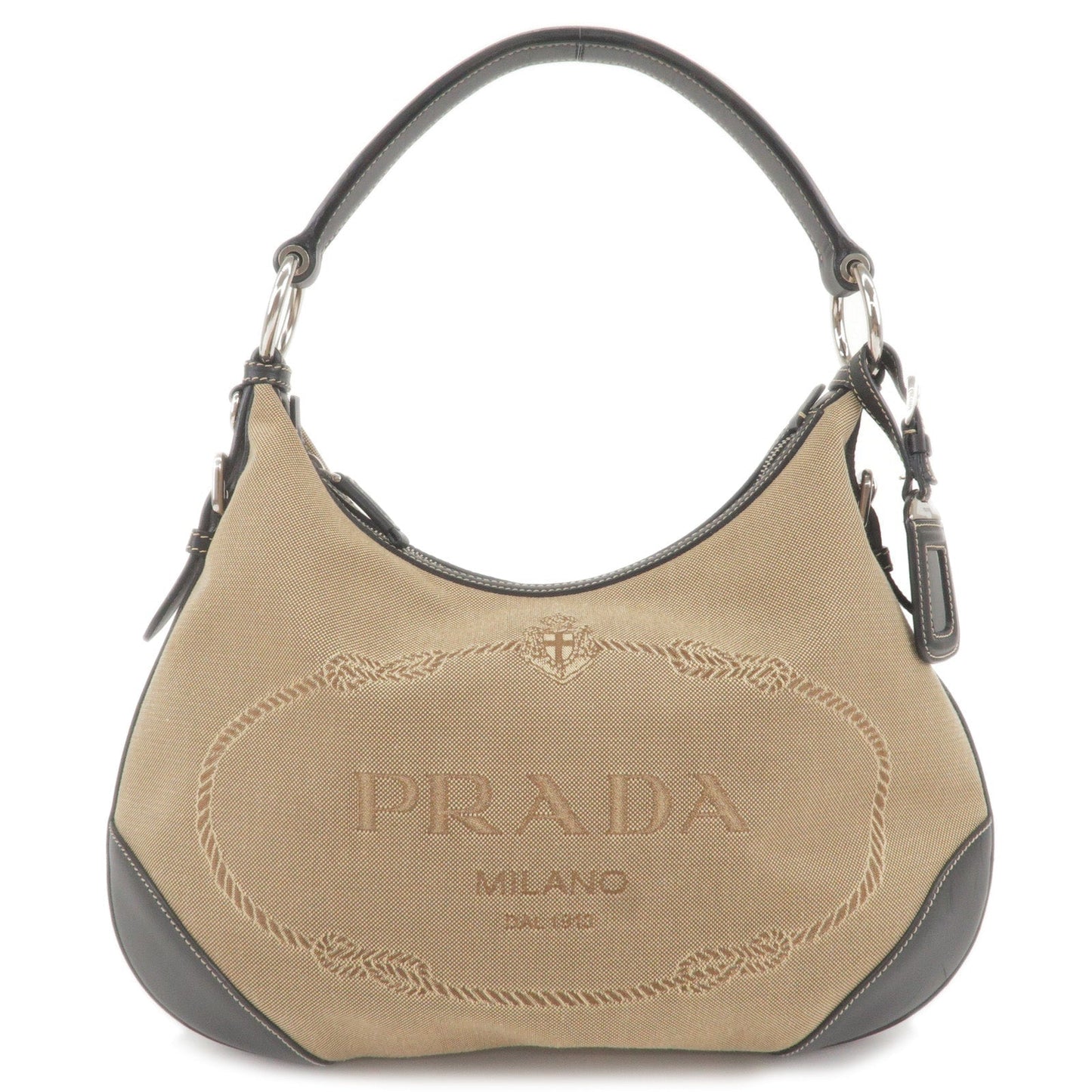 PRADA Logo Jacquard Leather Shoulder Bag Beige Black BR3430