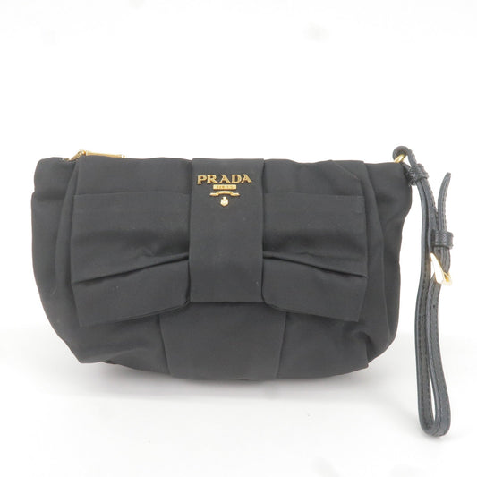 PRADA Logo Nylon Leather Pouch Clutch Bag Wristlet Black 1N1422