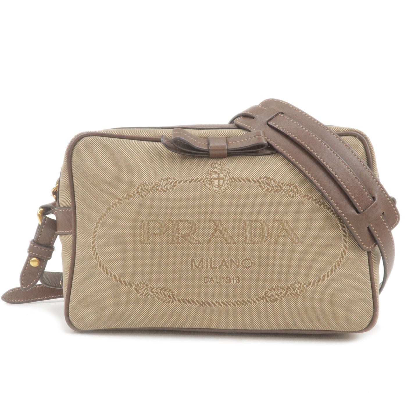 PRADA Logo Jacquard Leather Shoulder Bag Beige Brown 1BH089