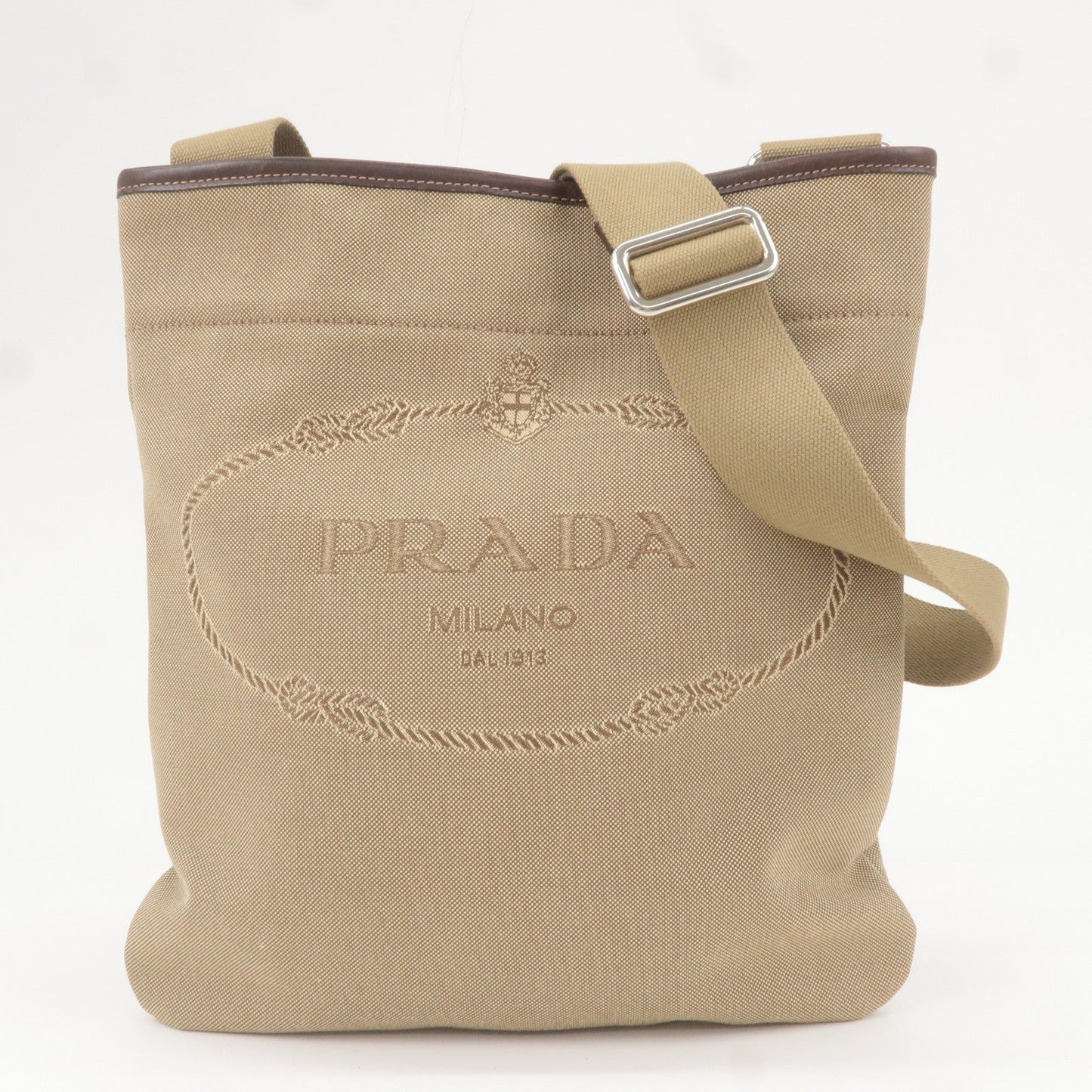 PRADA Logo Jacquard Leather Shoulder Bag Beige Brown VA0655