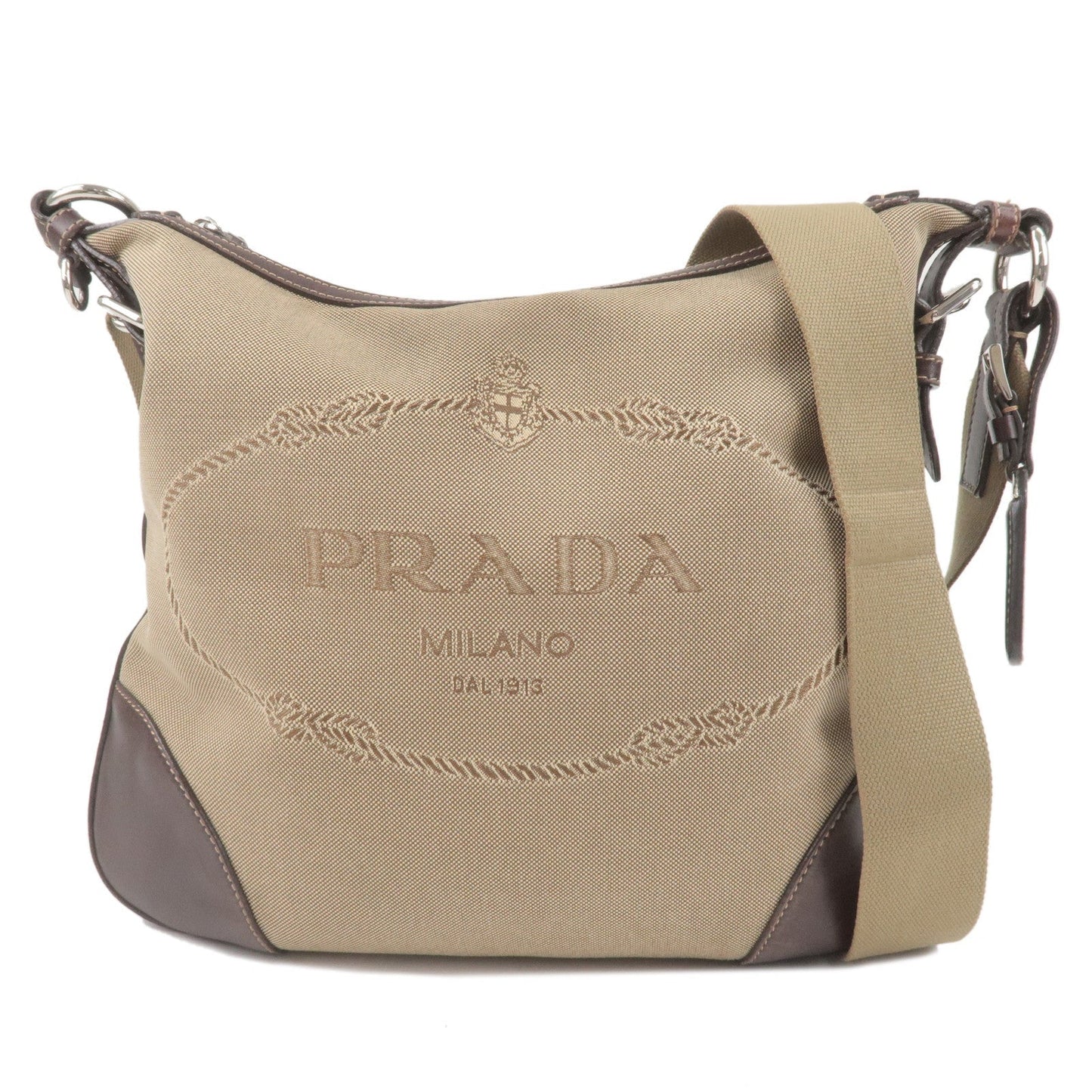 PRADA Logo Jacquard Leather Shoulder Bag Beige Brown