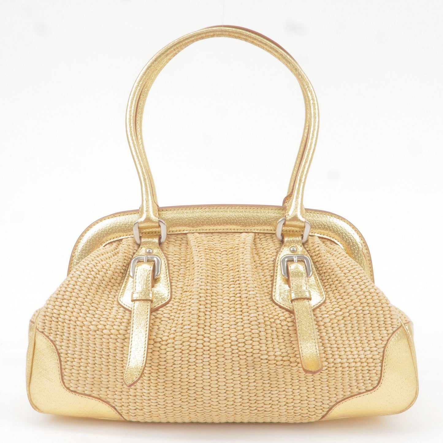 PRADA Paglia Straw Leather Shoulder Bag Metalic Gold BR3509