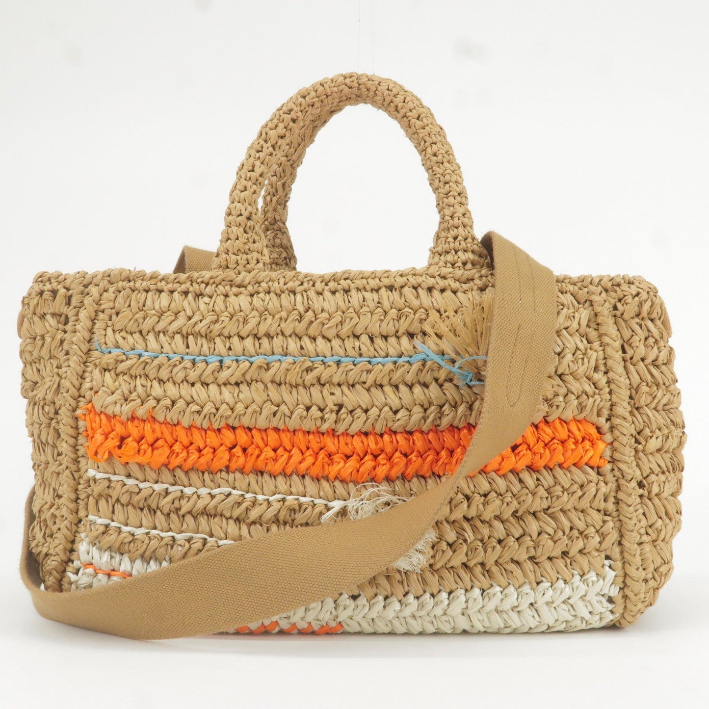 PRADA Raffia Tricot Canapa 2WAY Basket Bag Hand Bag Caramel Orange