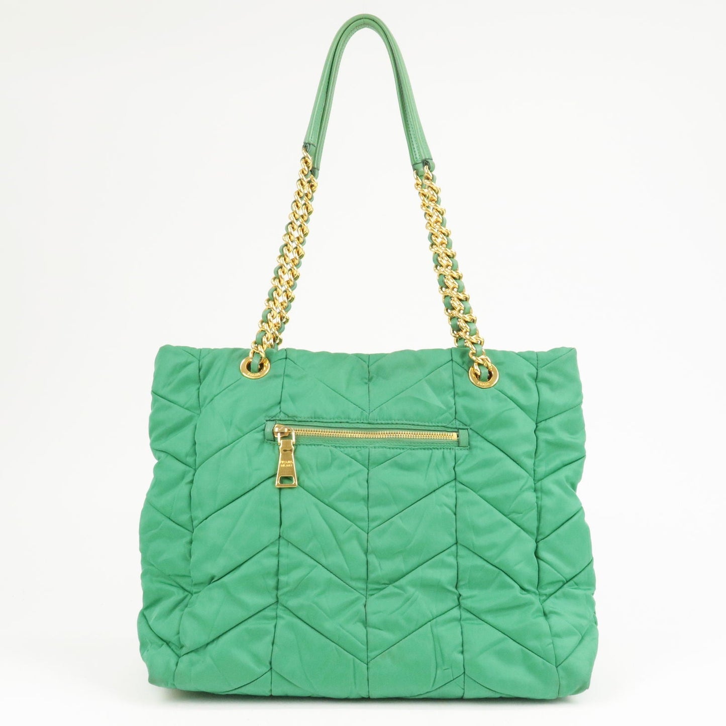 PRADA Logo Nylon Leather Chain Tote Bag Green BR4383