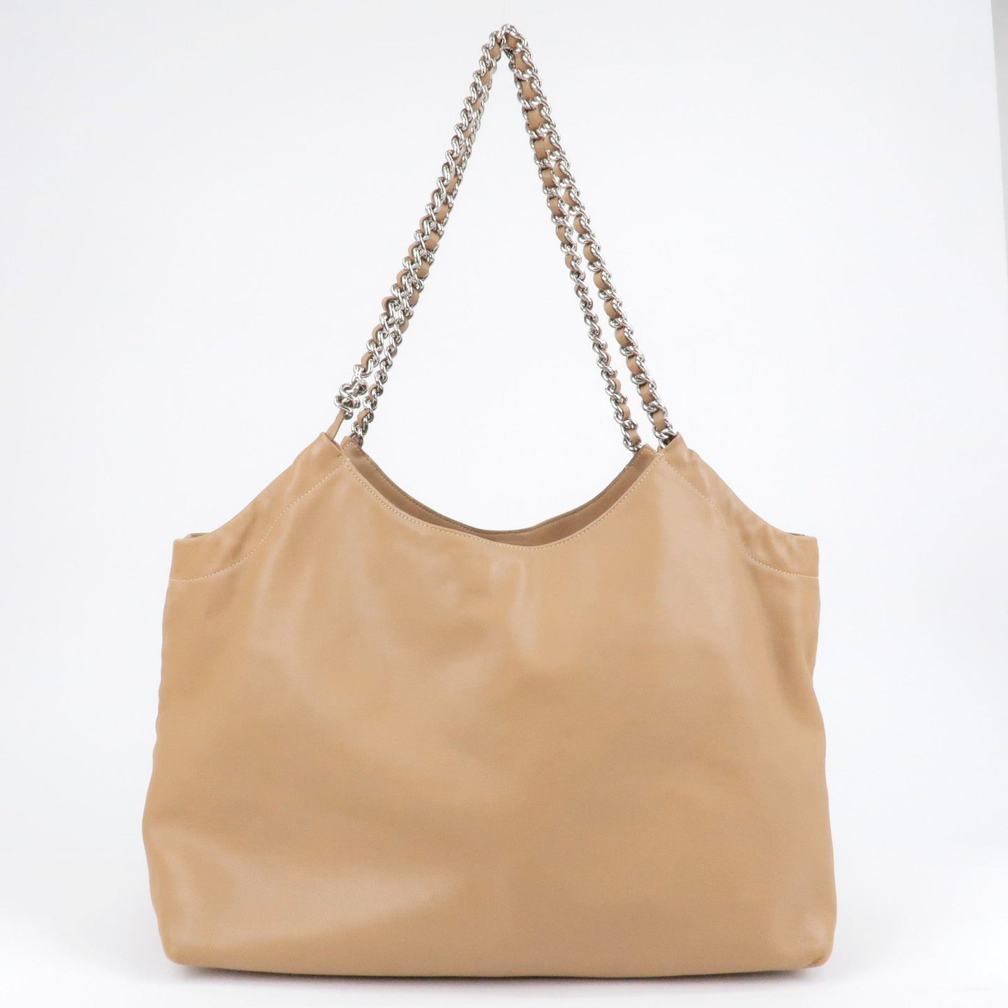 PRADA Logo Leather Chain Tote Bag Beige