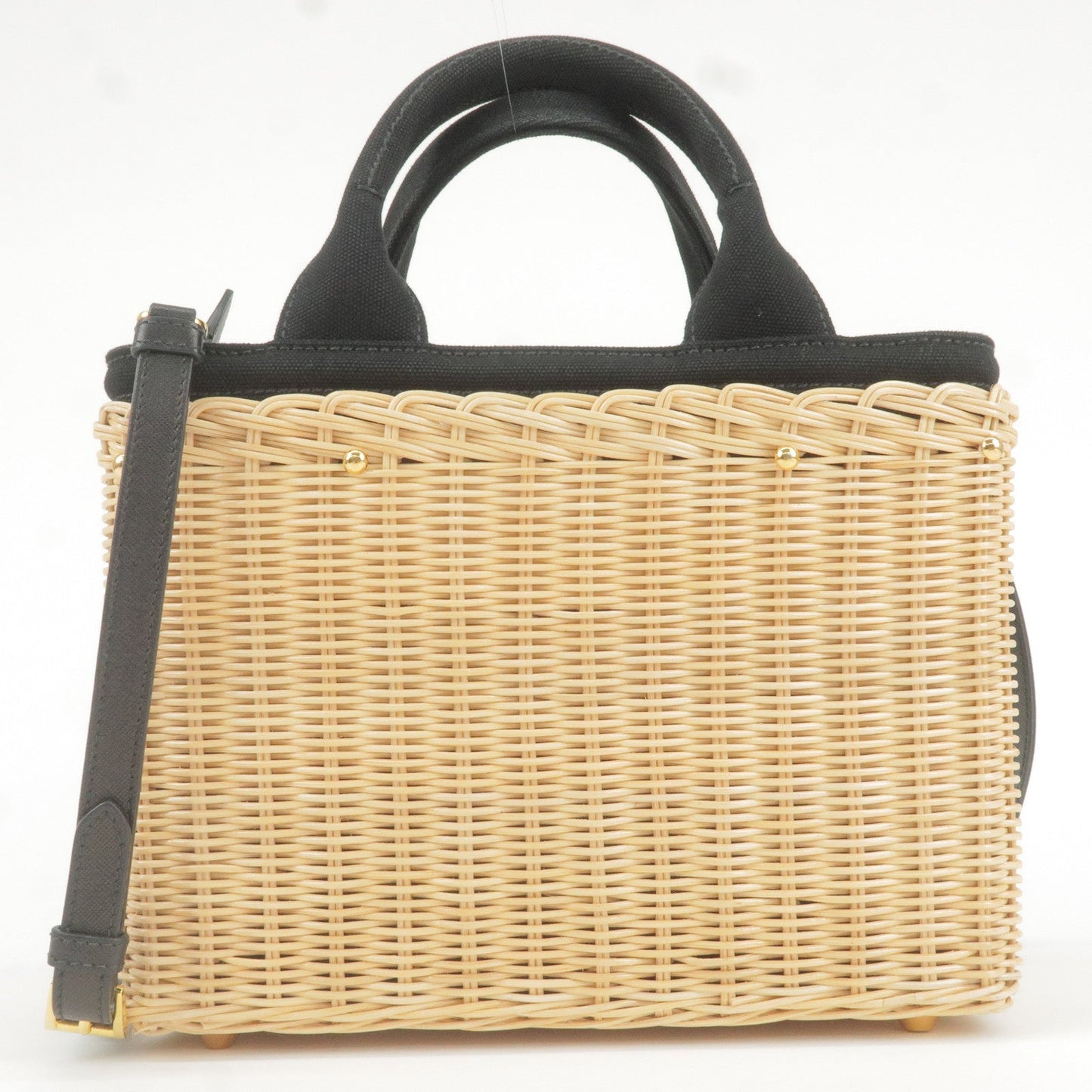 PRADA Wicker Canvas 2Way Basket Bag Hand Bag Black 1BG835