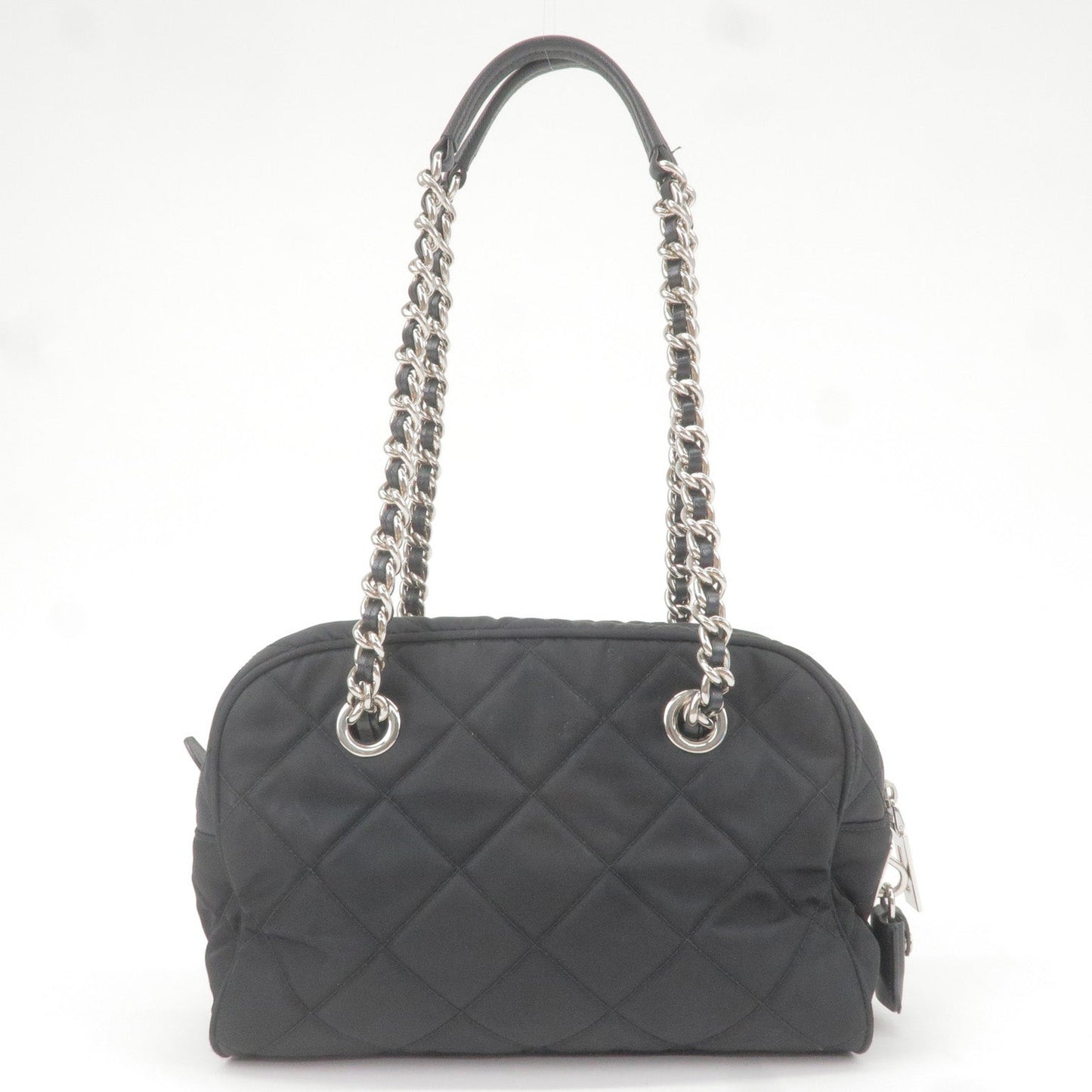 PRADA Nylon Leather Quilting Chain Shoulder Bag Black 1BB072