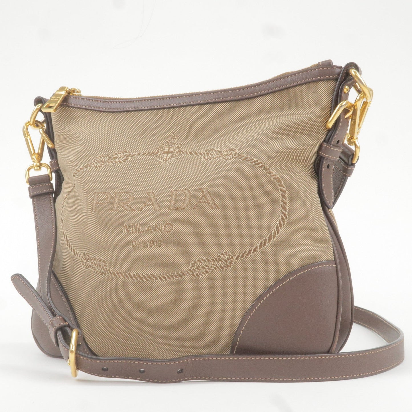 PRADA Logo Jacquard Leather Shoulder Bag Beige Brown BT867A