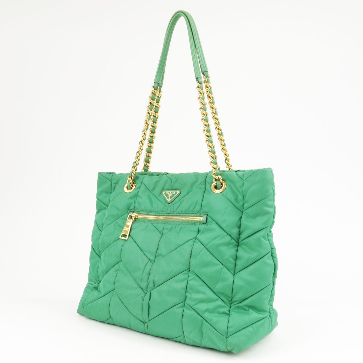 PRADA Logo Nylon Leather Chain Tote Bag Green BR4383