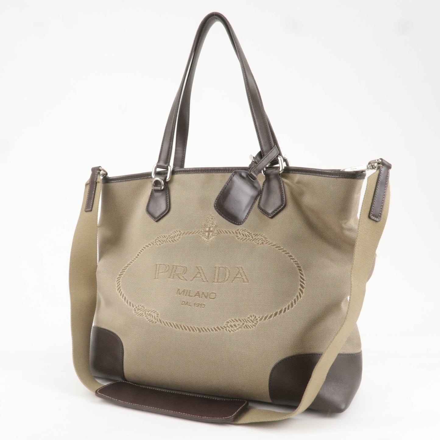 PRADA Logo Jacquard Leather 2Way Bag Tote Bag Beige BR3413