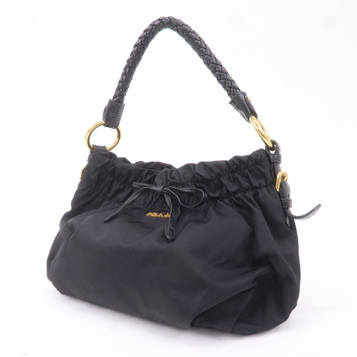 PRADA Nylon Leather Gather Hand Bag Shoulder Bag Black