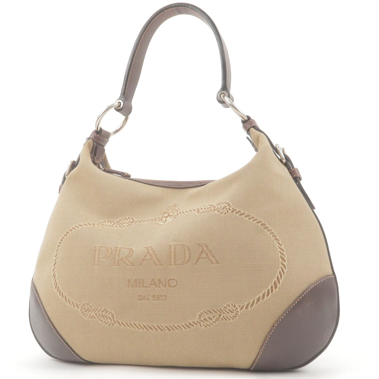 PRADA Logo Jacquard Leather Shoulder Bag Beige Brown