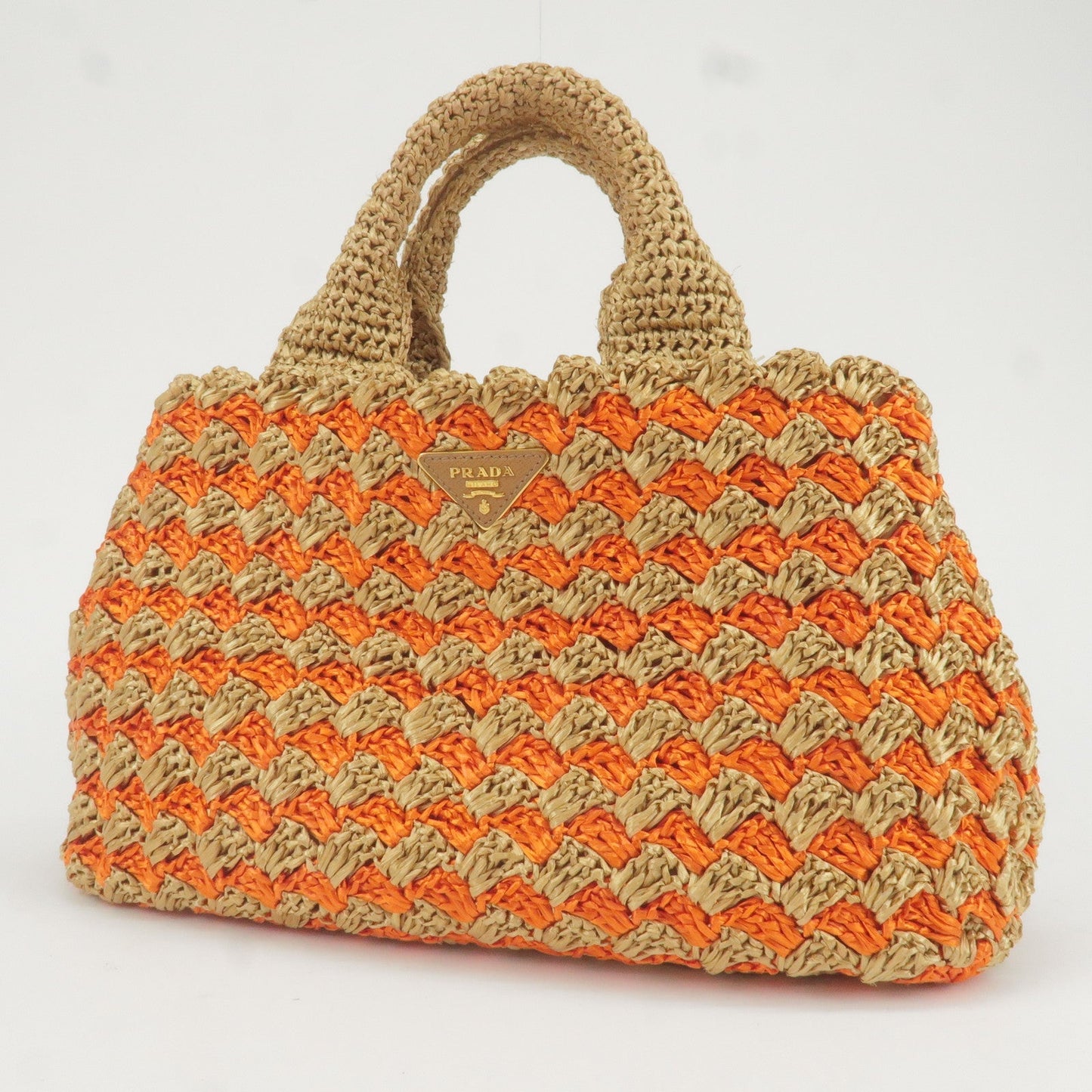 PRADA Logo Raffia Crochet Tote Bag Hand Bag Brown Orange BN2303