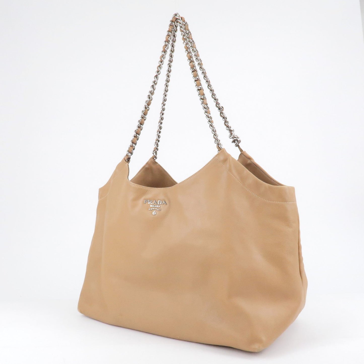 PRADA Logo Leather Chain Tote Bag Beige