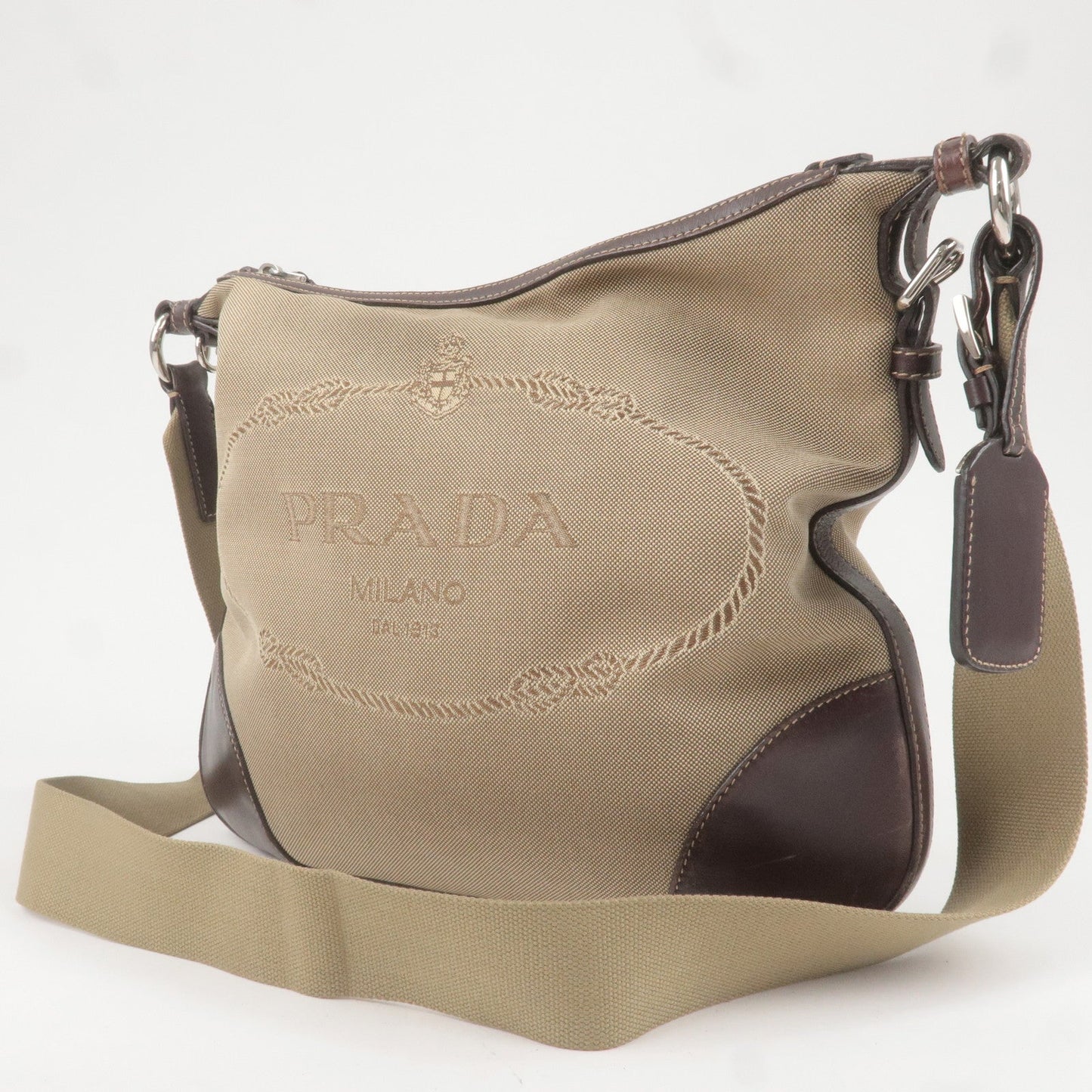 PRADA Logo Jacquard Leather Shoulder Bag Beige Brown