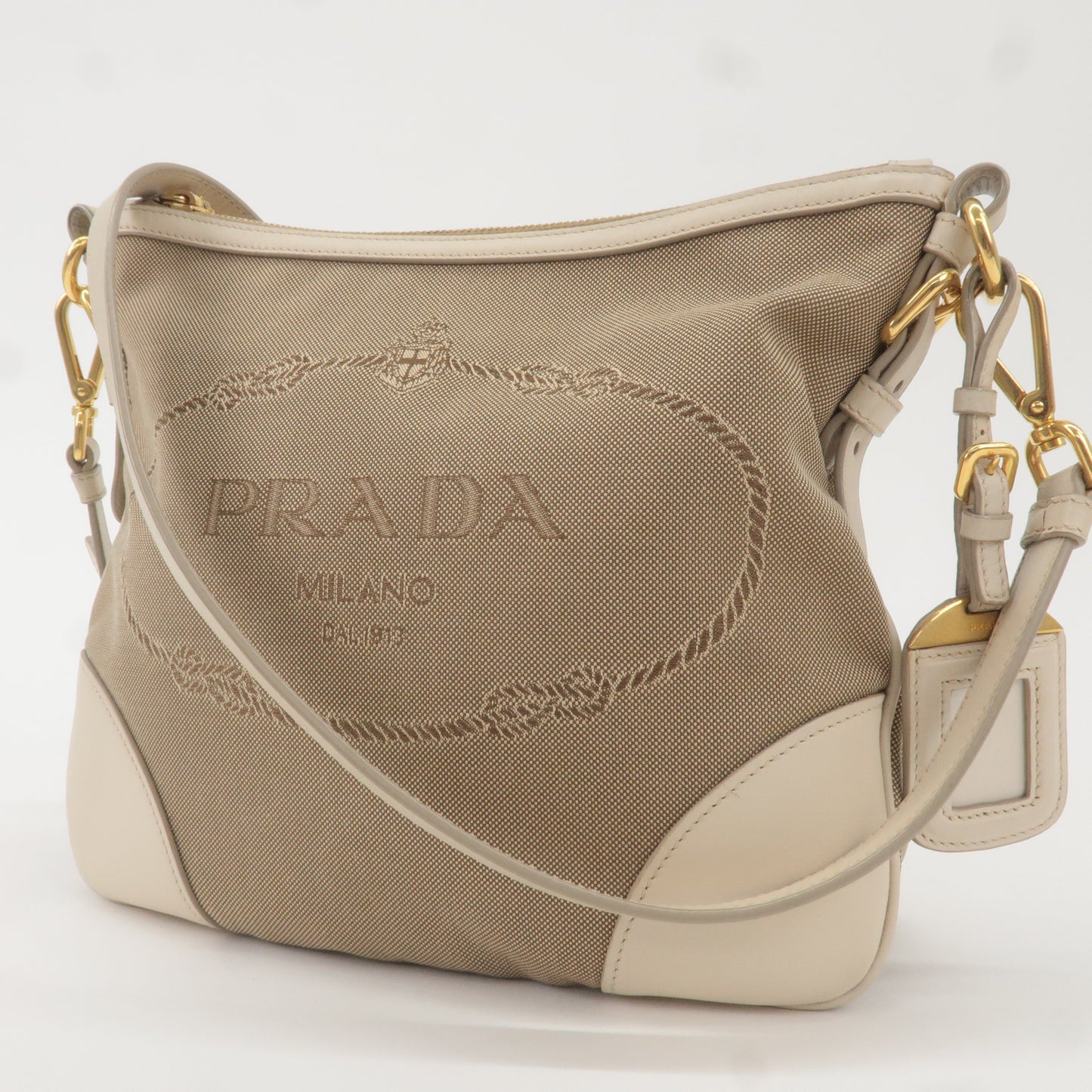 PRADA Logo Jacquard Canvas Leather Shoulder Bag Beige Ivory