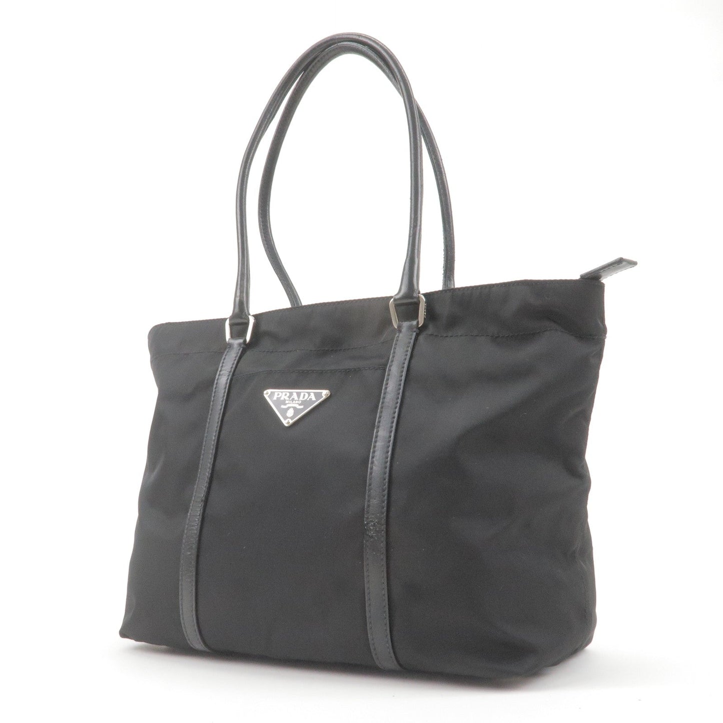 PRADA Logo Nylon Leather Tote Bag Hand Bag NERO Black