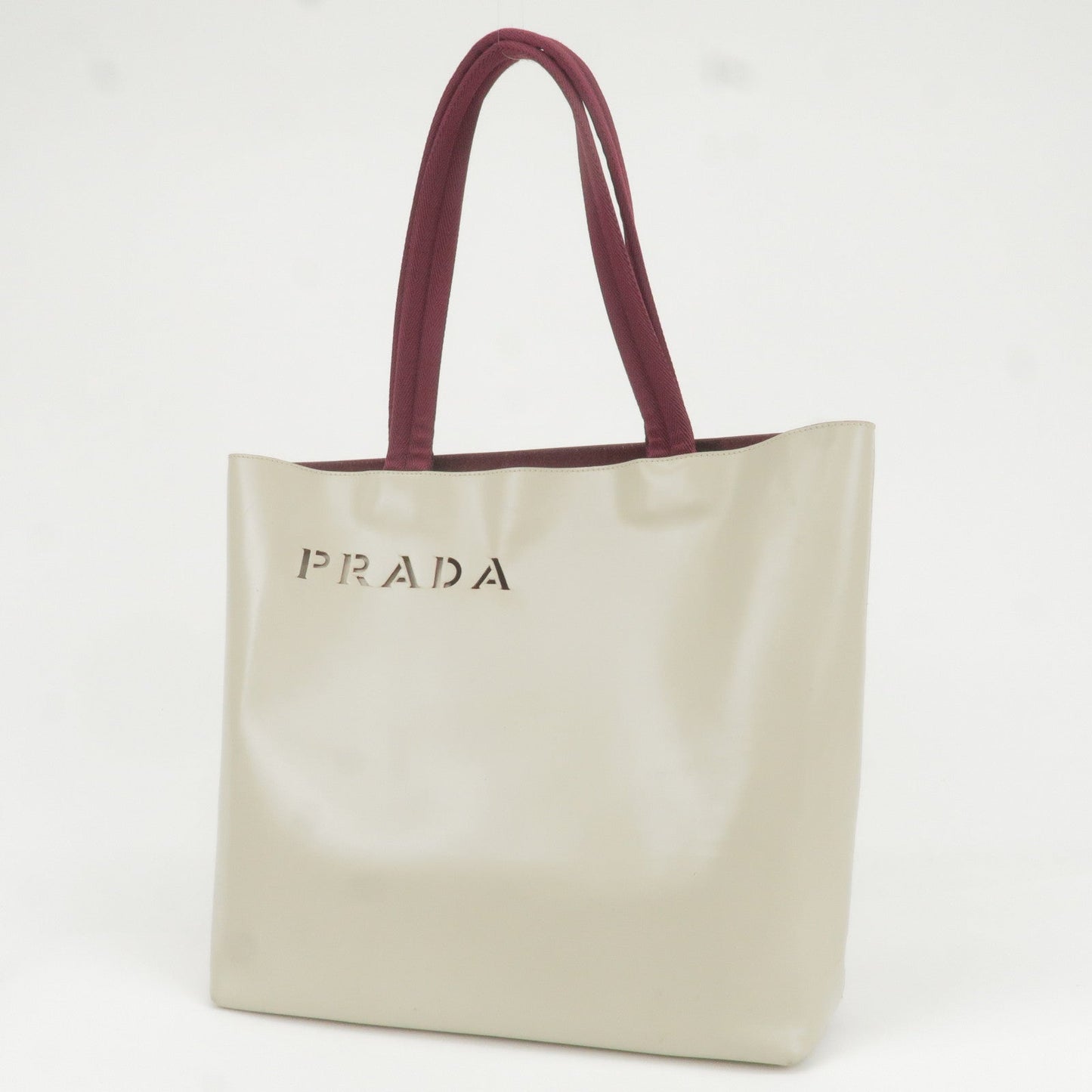 PRADA Leather Canvas Tote Bag Hand Bag Greige Red Wine B10189