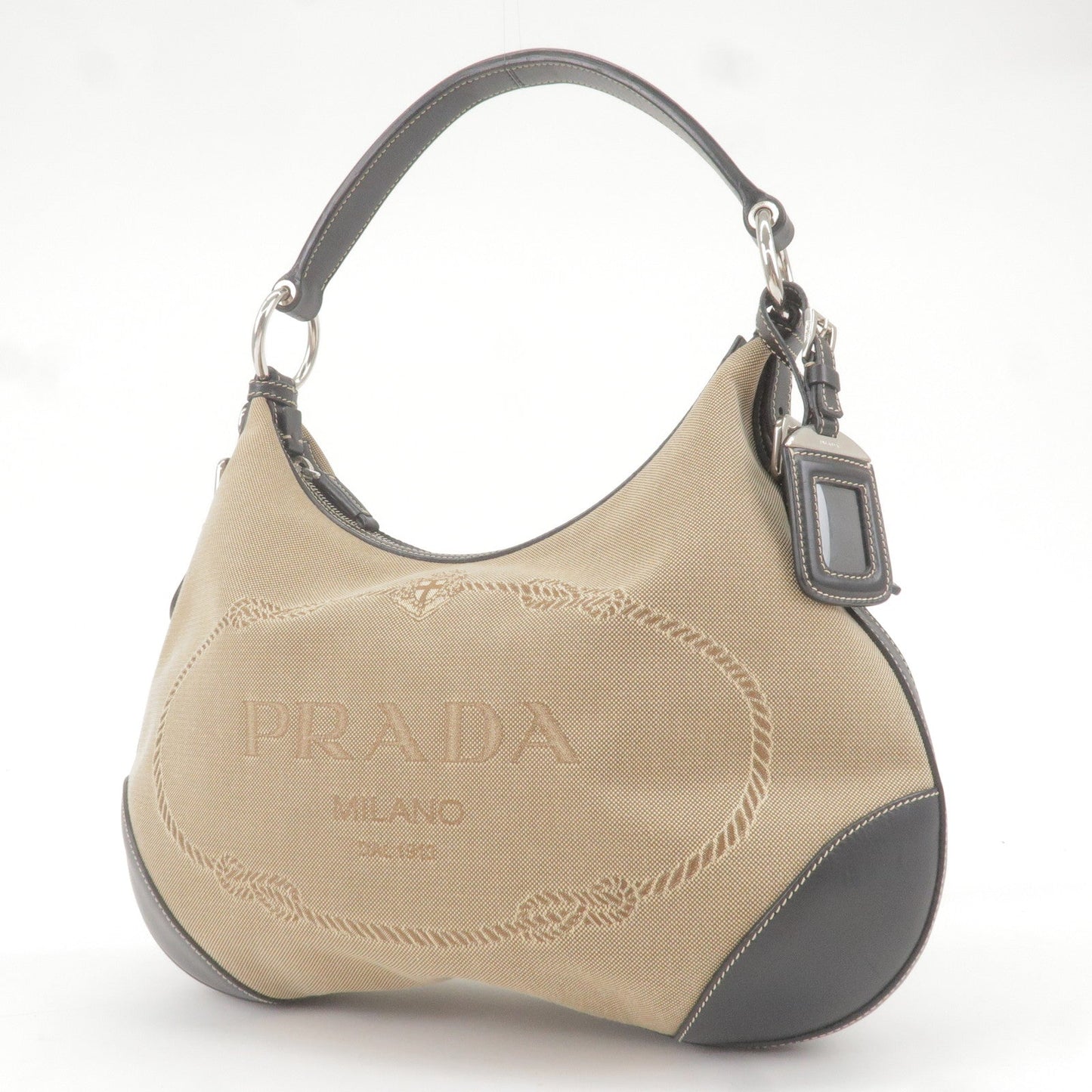 PRADA Logo Jacquard Leather Shoulder Bag Beige Black BR3430