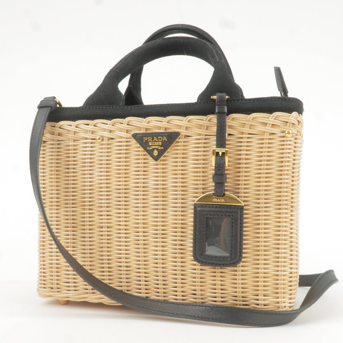 PRADA Wicker Canvas 2Way Basket Bag Hand Bag Black 1BG835