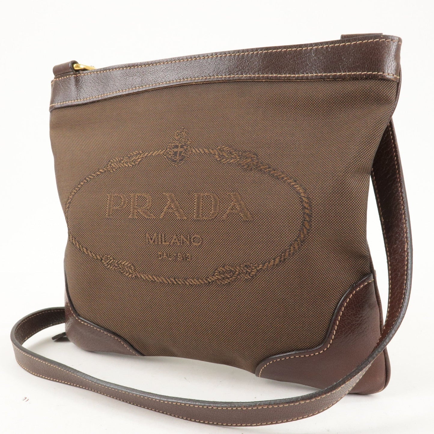 PRADA Logo Jacquard Canvas Leather Shoulder Bag Brown