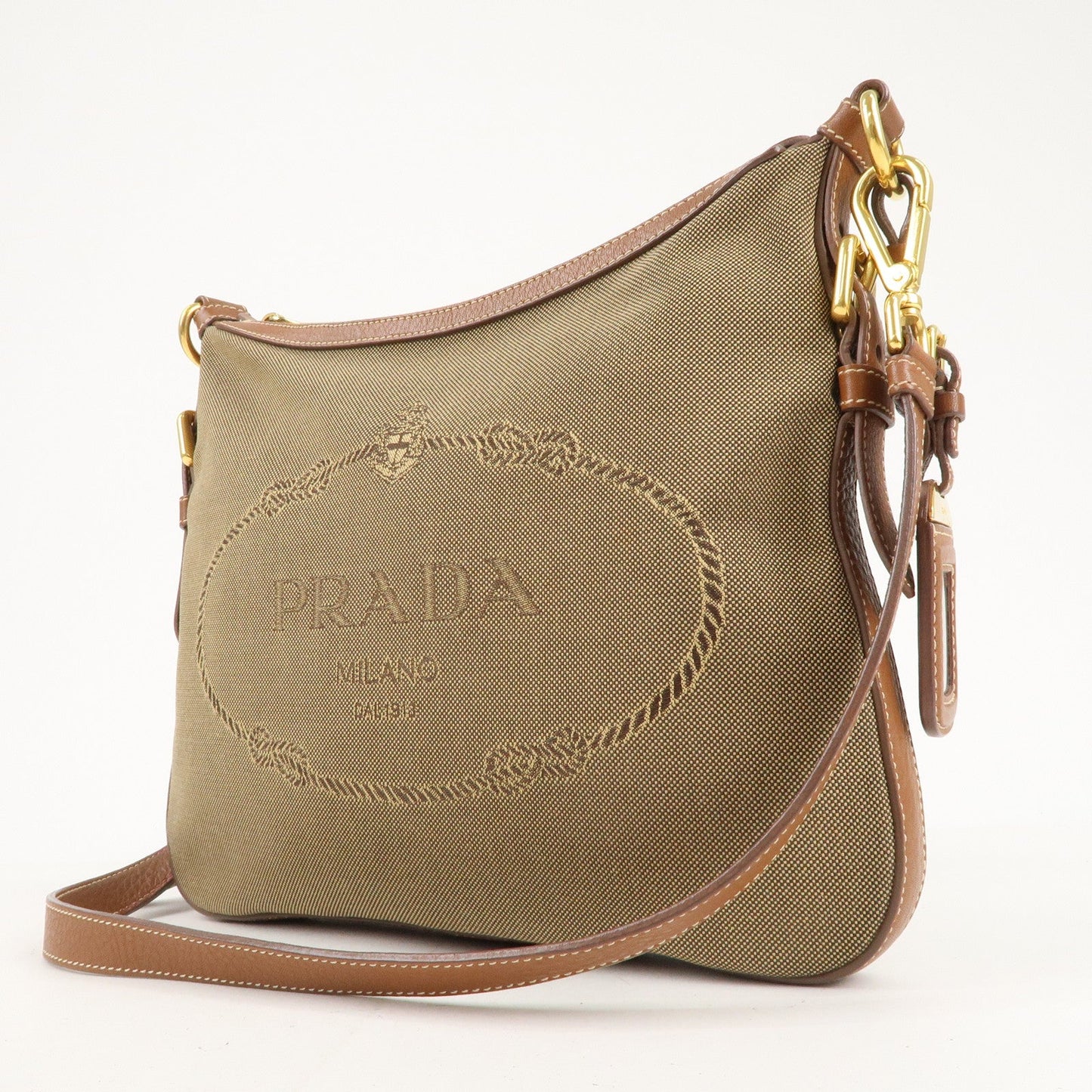 PRADA Logo Jacquard Leather Shoulder Bag Beige Brown BT0706