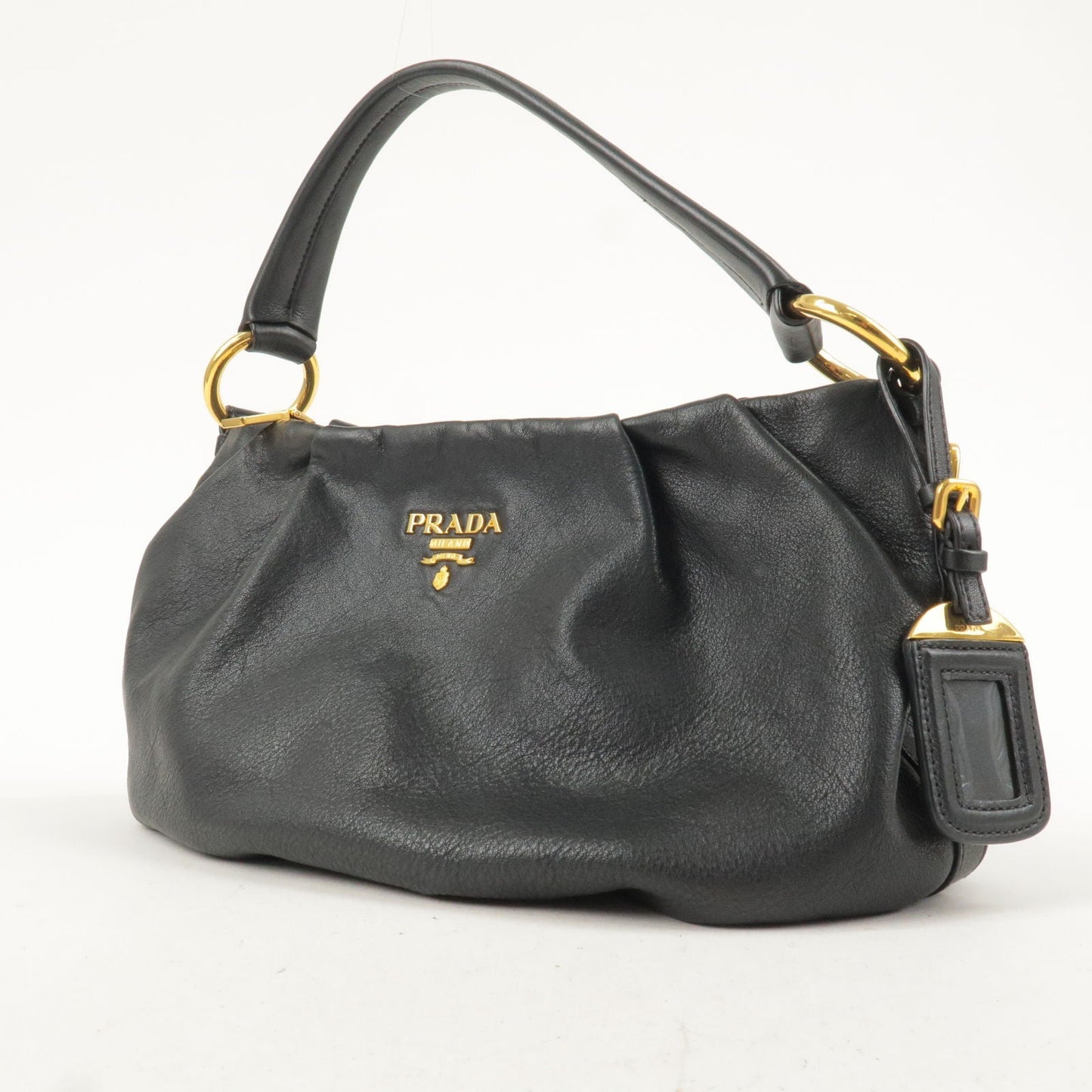 PRADA Logo Leather Shoulder Bag Black Gold Hardware