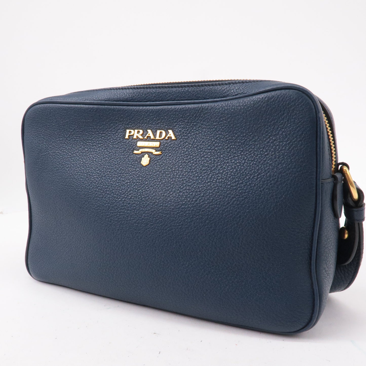 PRADA Logo Vitello Daino Leather Shoulder Bag Navy 1BH082