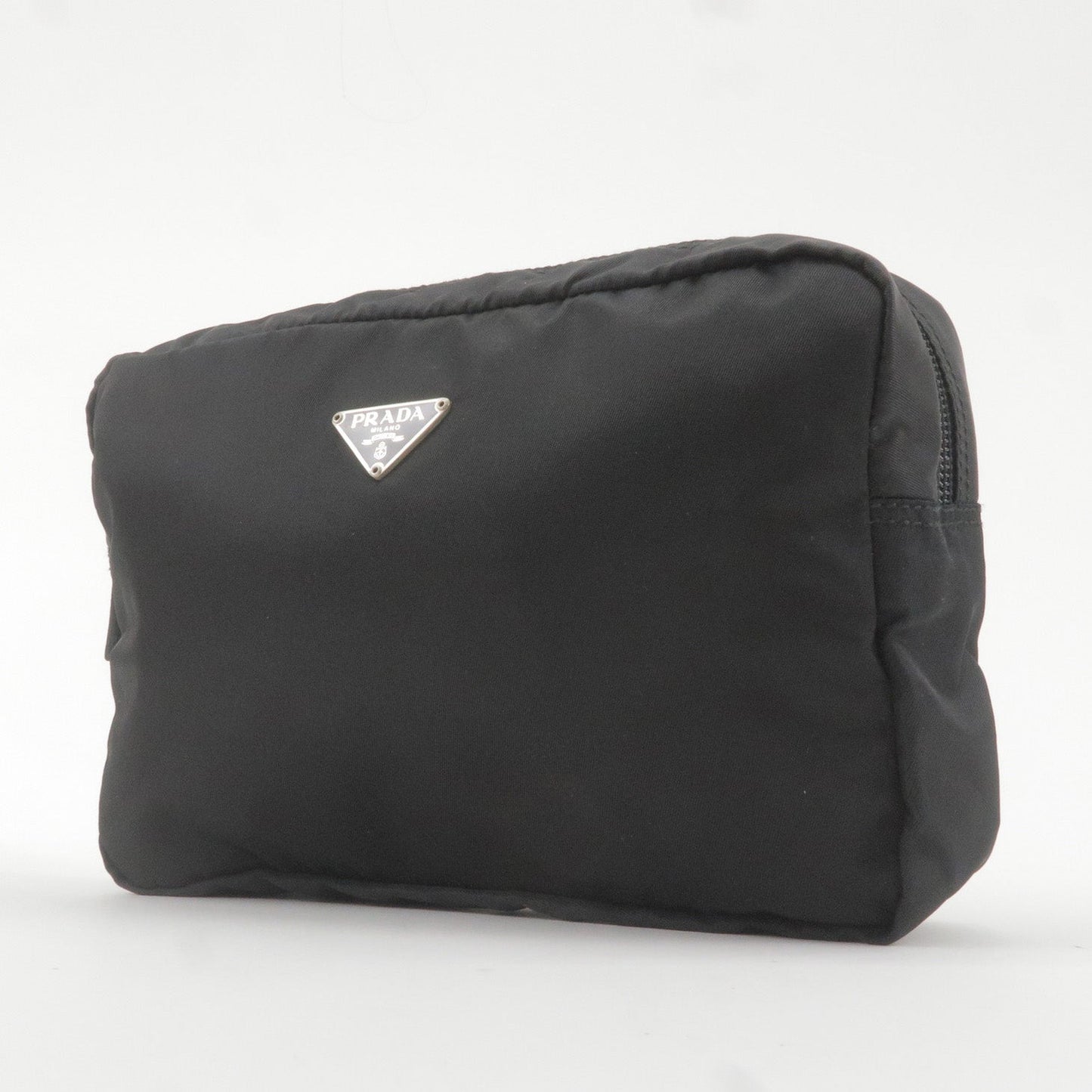 PRADA Logo Nylon Leather Pouch Cosmetic Bag NERO Black MV348