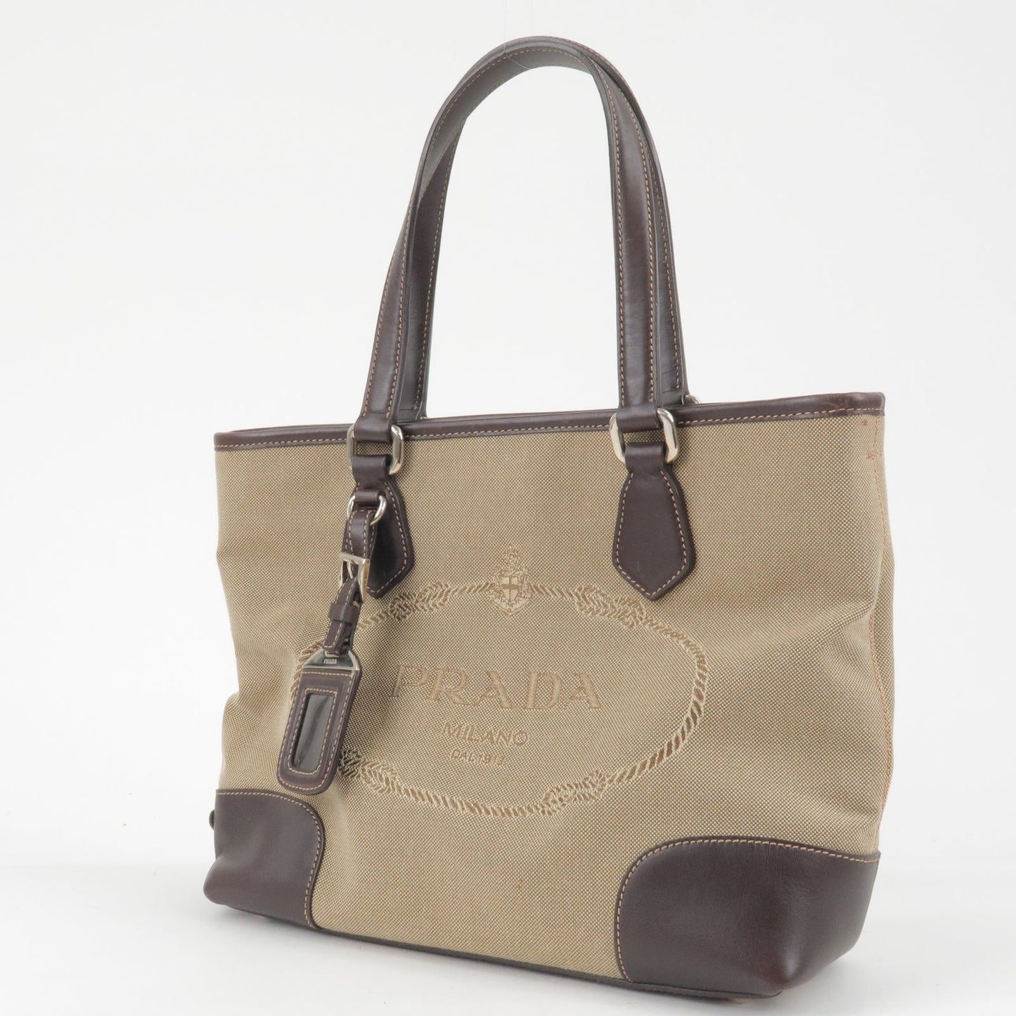 PRADA Logo Jacquard Leather 2Way Bag Beige Brown BR3414