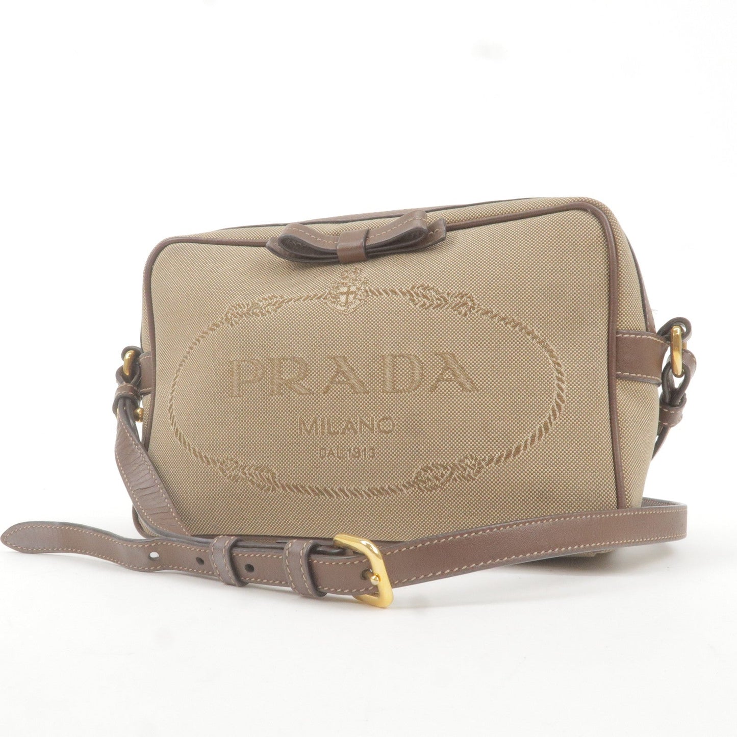 PRADA Logo Jacquard Leather Shoulder Bag Beige Brown 1BH089