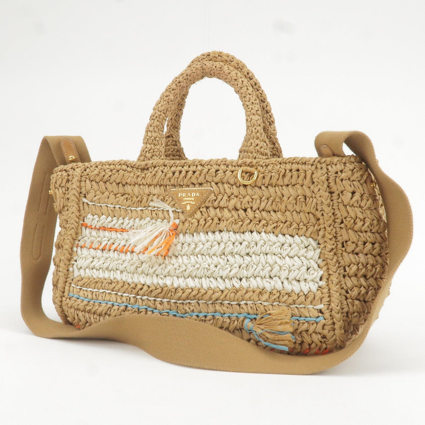 PRADA Raffia Tricot Canapa 2WAY Basket Bag Hand Bag Caramel Orange