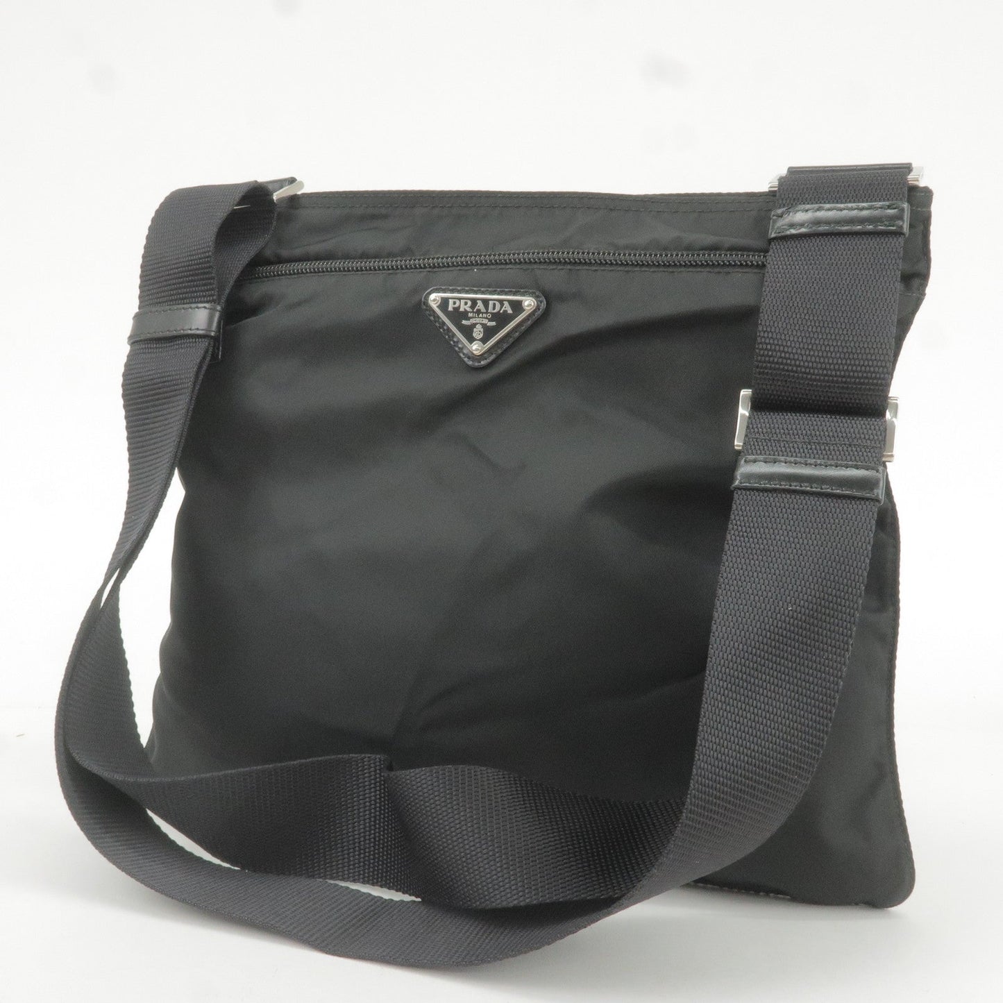 PRADA Logo Nylon Leather Shoulder Bag Black 1BH978