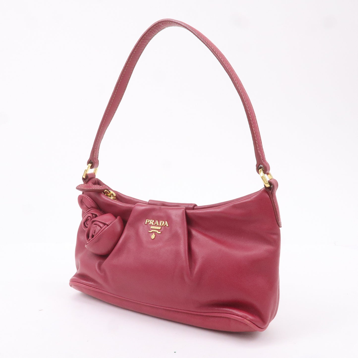 PRADA Leather Rose Corsage Hand Bag Pouch Pink 1N1439