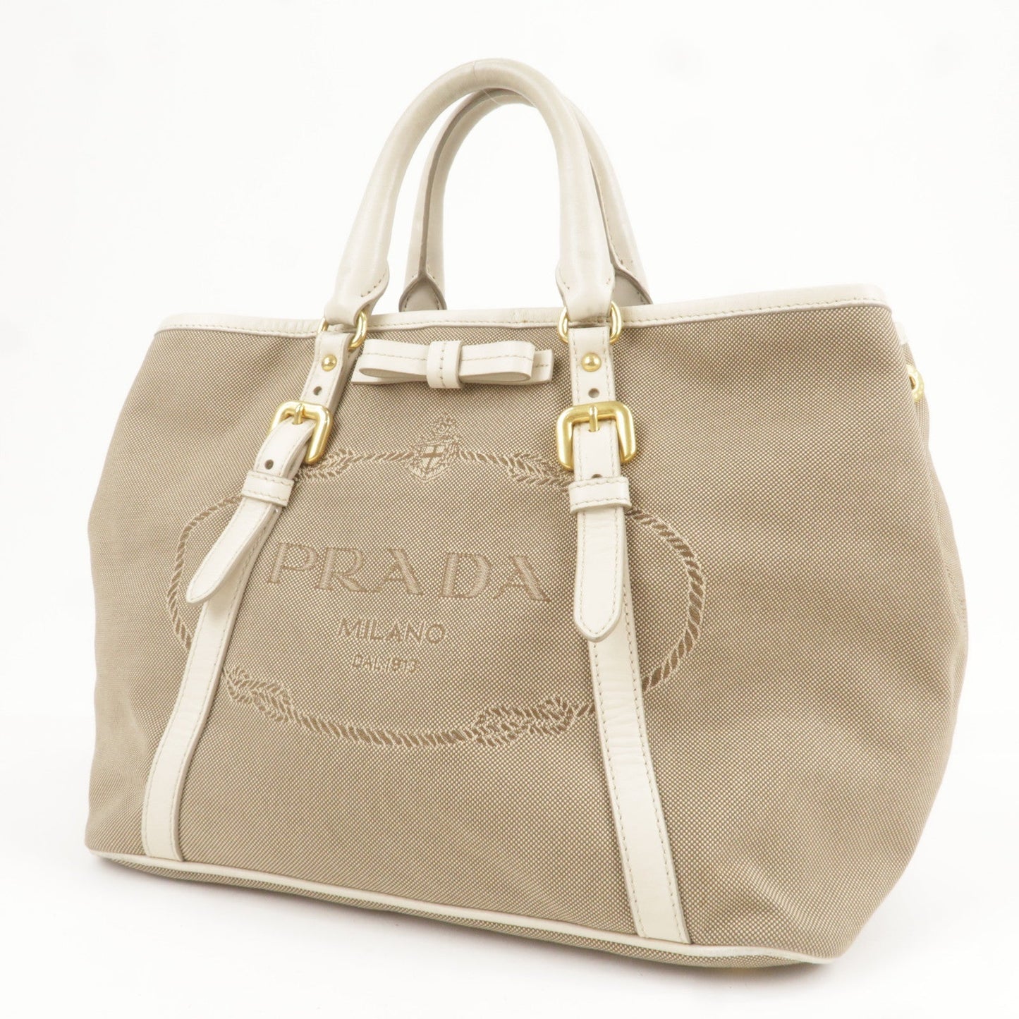 PRADA Logo Jacquard Leather 2Way Bag Hand Bag Beige BN1841