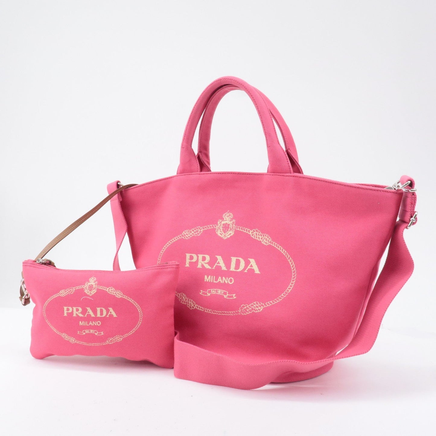 PRADA Logo Canapa Canvas Leather Fabric 2Way Bag Pink 1BG163