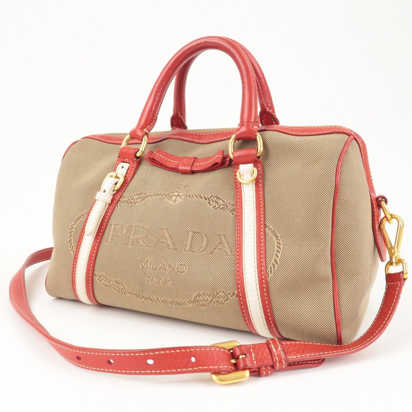 PRADA Logo Jacquard Canvas Leather 2Way Shoulder Bag Beige Red