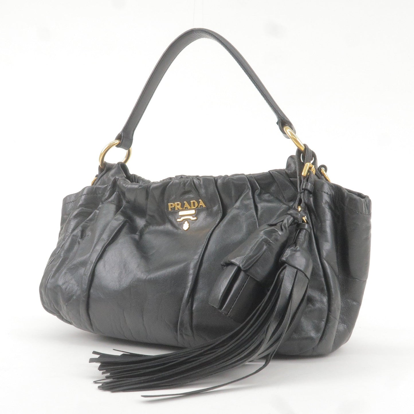 PRADA Logo Leather Shoulder Bag With Tassel Black