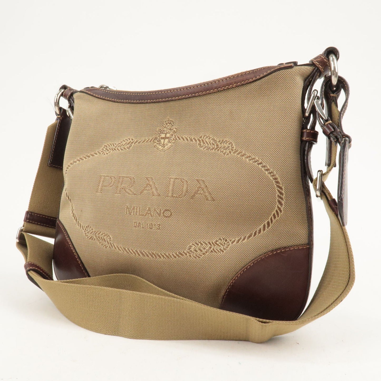 PRADA Logo Jacquard Leather Shoulder Bag Beige Brown BT0533