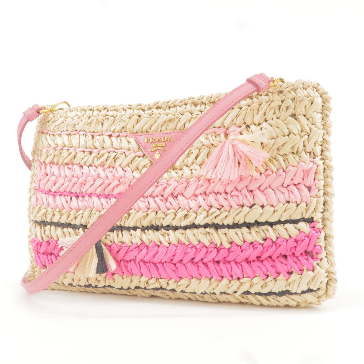 Prada Raffia Tricot Leather Shoulder Bag Beige Pink 1BF071