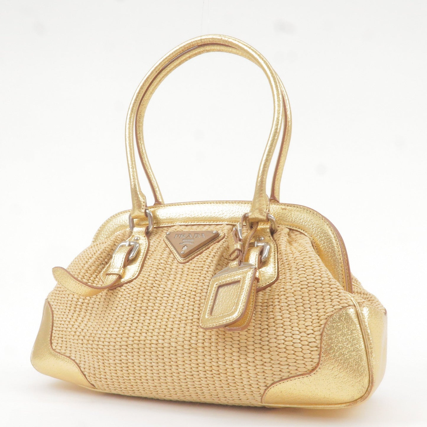 PRADA Paglia Straw Leather Shoulder Bag Metalic Gold BR3509