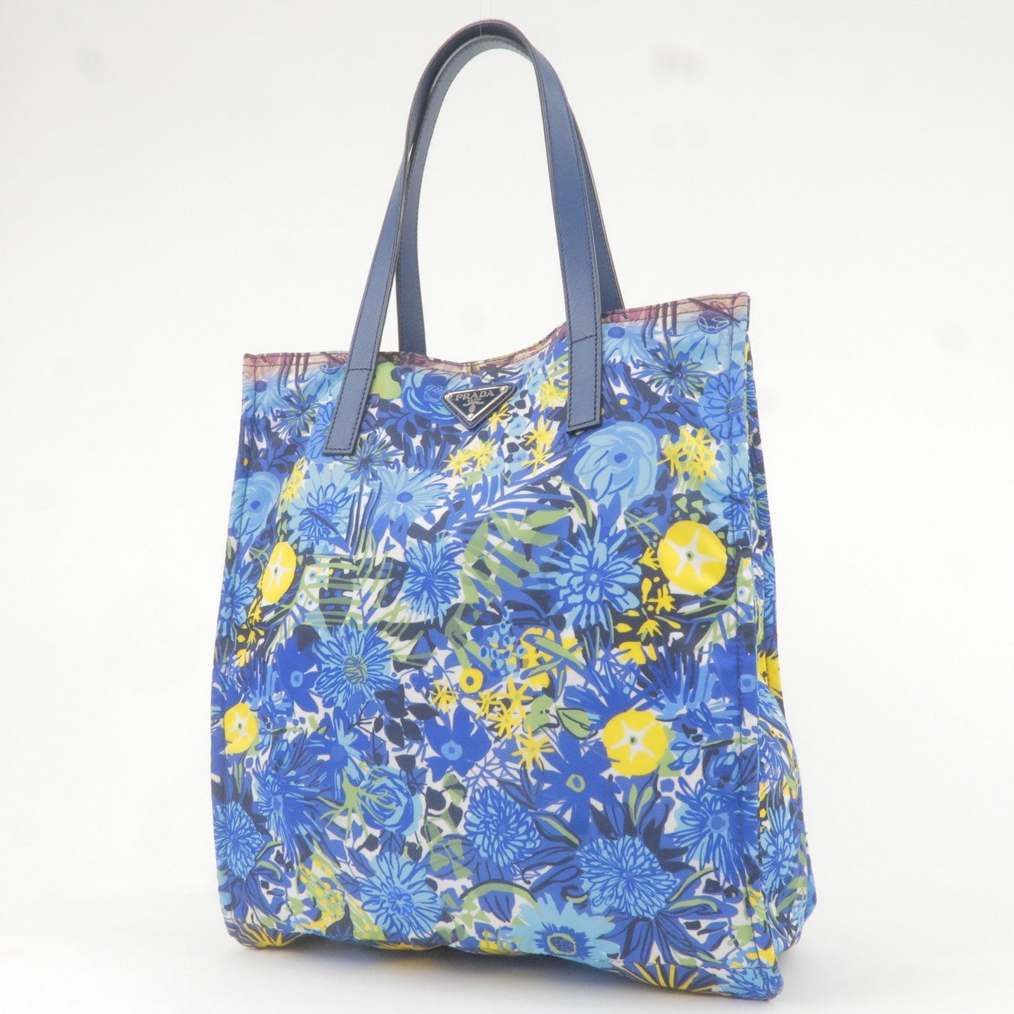 PRADA Logo Nylon Leather Tote Bag Floral Print Blue BN2851