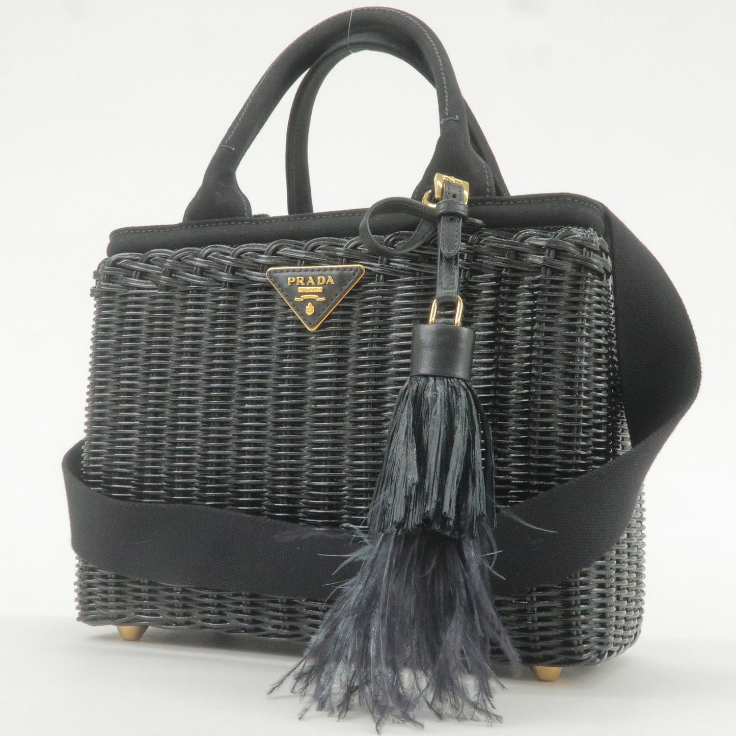 PRADA Wicker Canvas 2Way Basket Bag Hand Bag Black 1BG835