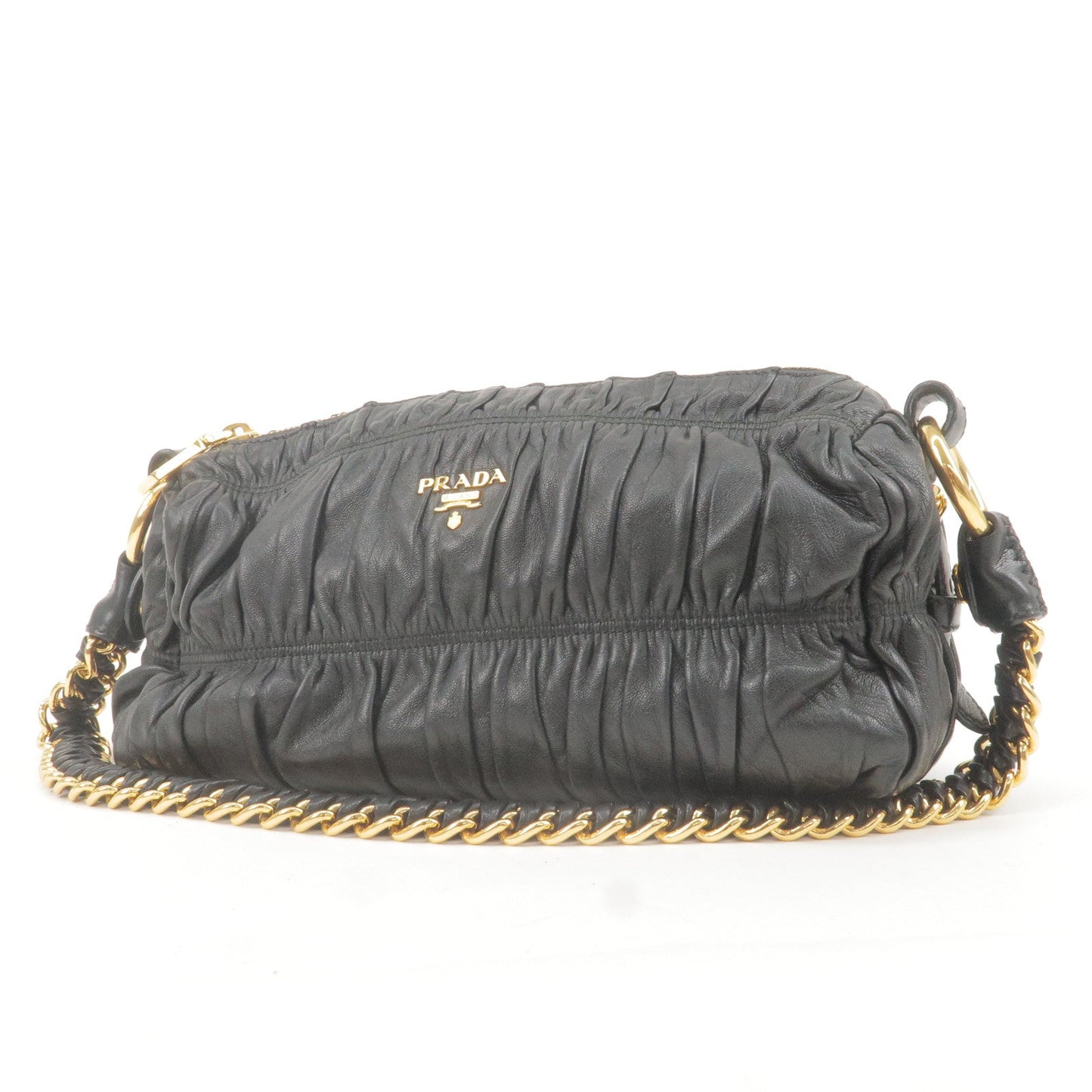 PRADA Leather Chain Gather Shoulder Bag NERO Black