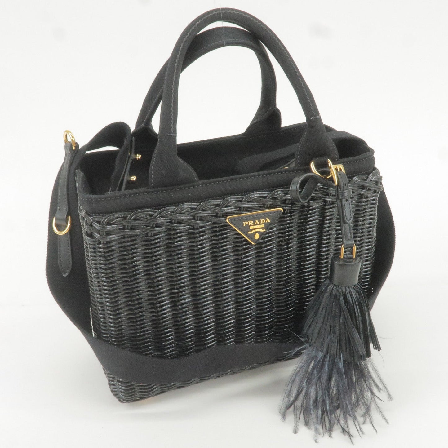 PRADA Wicker Canvas 2Way Basket Bag Hand Bag Black 1BG835