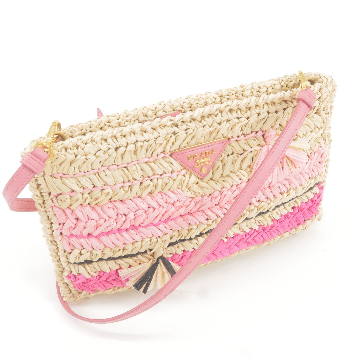 Prada Raffia Tricot Leather Shoulder Bag Beige Pink 1BF071